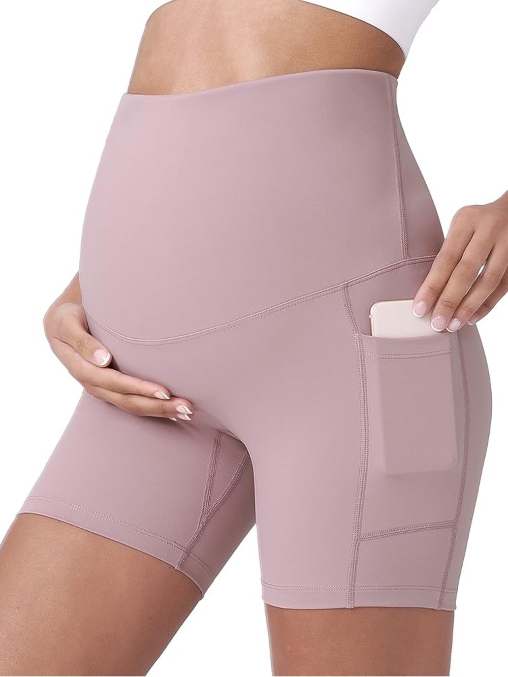 Maternity High-Waist Biker Shorts with Side Pocket - Dusty Mauve